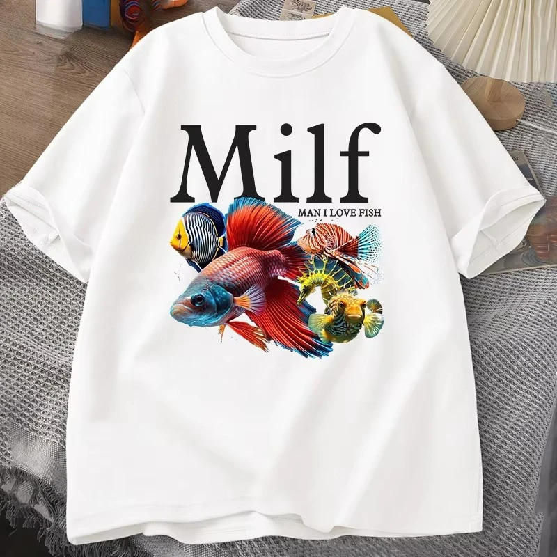 

Man I Love Fish MILF TShirt Funny Fish Lover T-Shirt Men Fisherman Cotton Men's T-Shirt Harajuku Street Top Fitness Streetwear