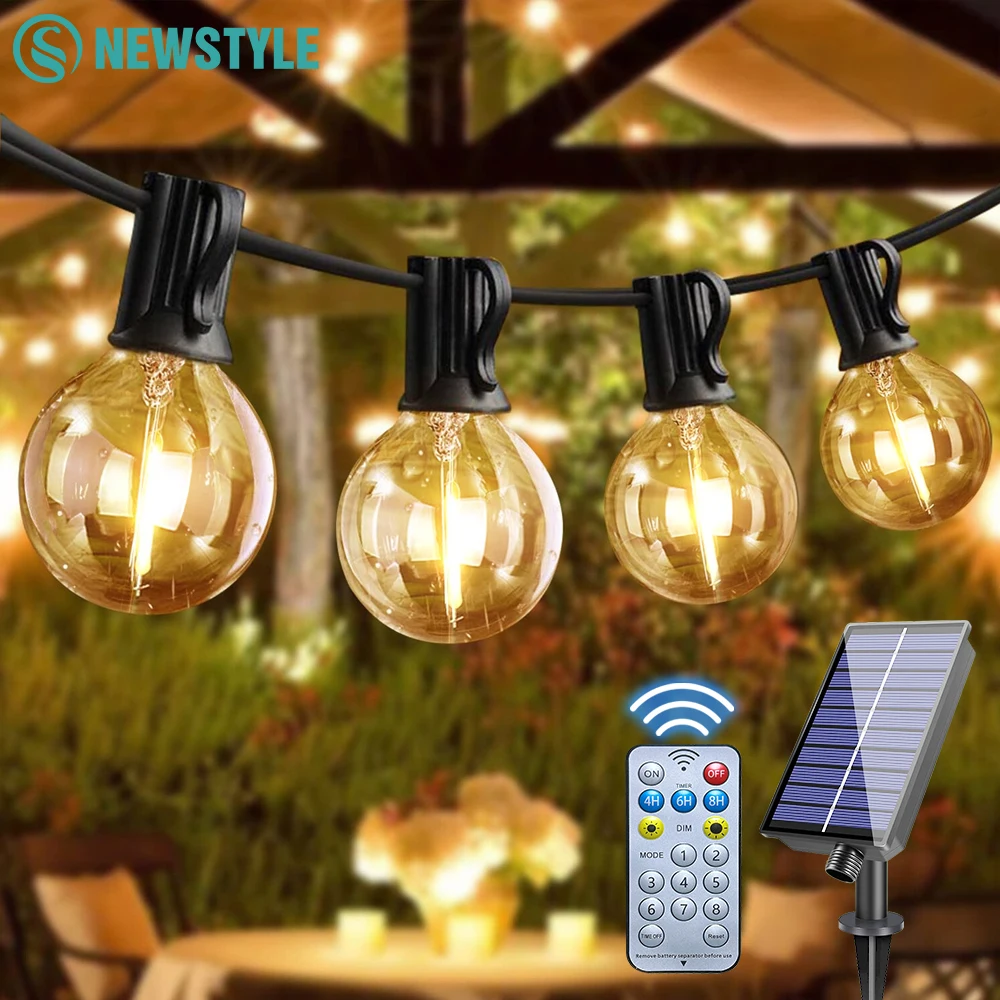 G40 Solar Outdoor Patio String Lights Remote Control Dimmable Waterproof Solar USB Charge String Lights for Garden Balcony Decor