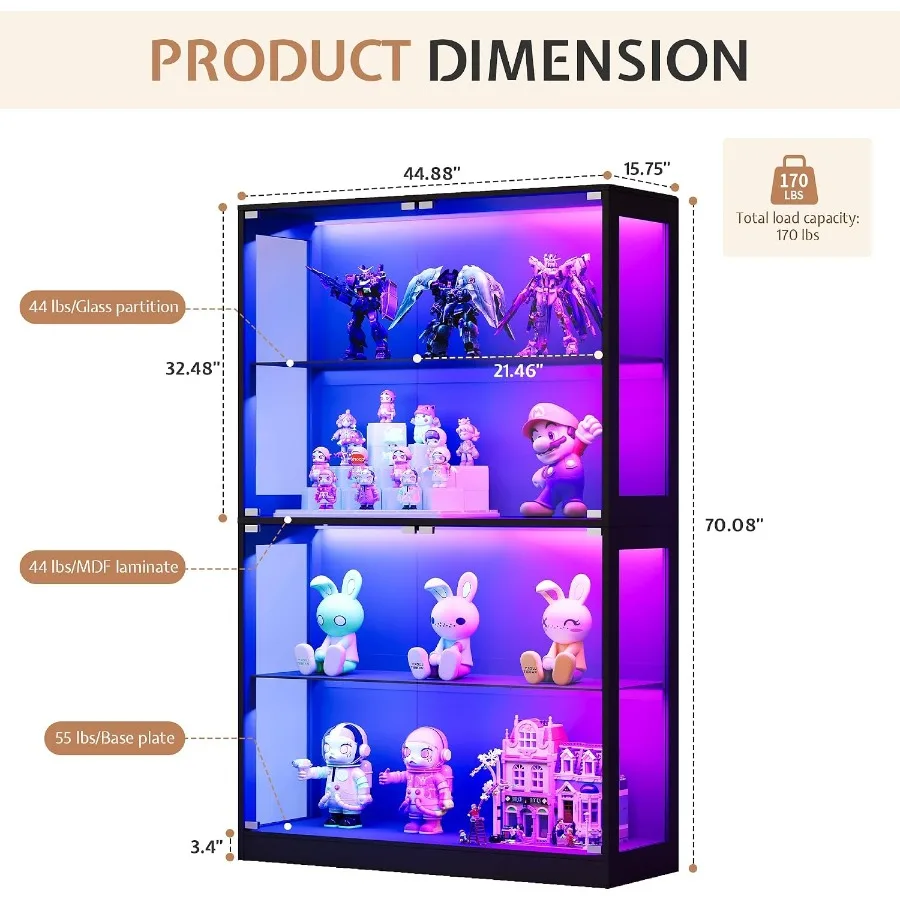 RGB display cabinet with glass doors for retail use, aluminum frame, black finish, energy-efficient LED lighting and adjustable