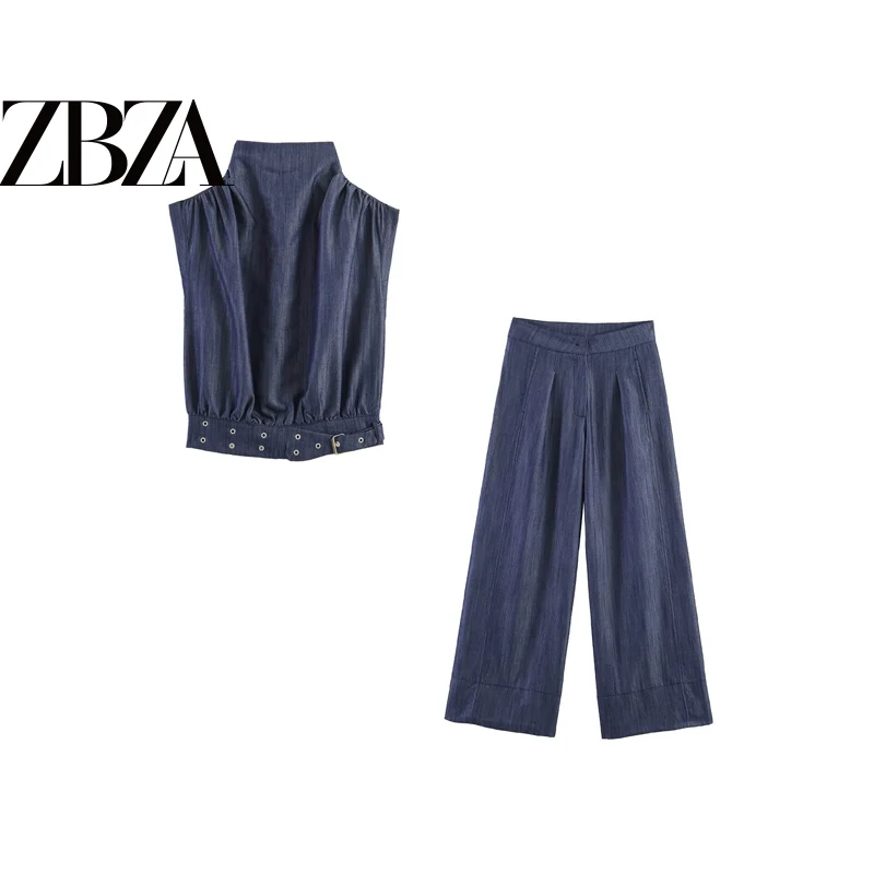 Fashionable Mixed-Media Rivet-Buckle Top And Bottoms Set High-Waisted Long Pants Versatile Autumn Spring Summer Wardrobe Esse...