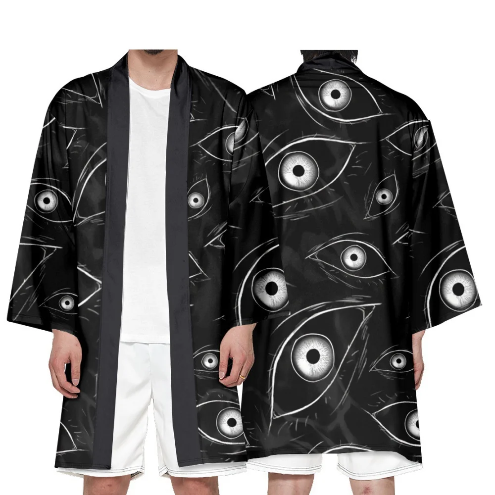 Men's Japanese Long Kimono Cardigan Boys Samurai Costume Kimono Eye Pattern Kimono Shirt Yukata Outer Cover