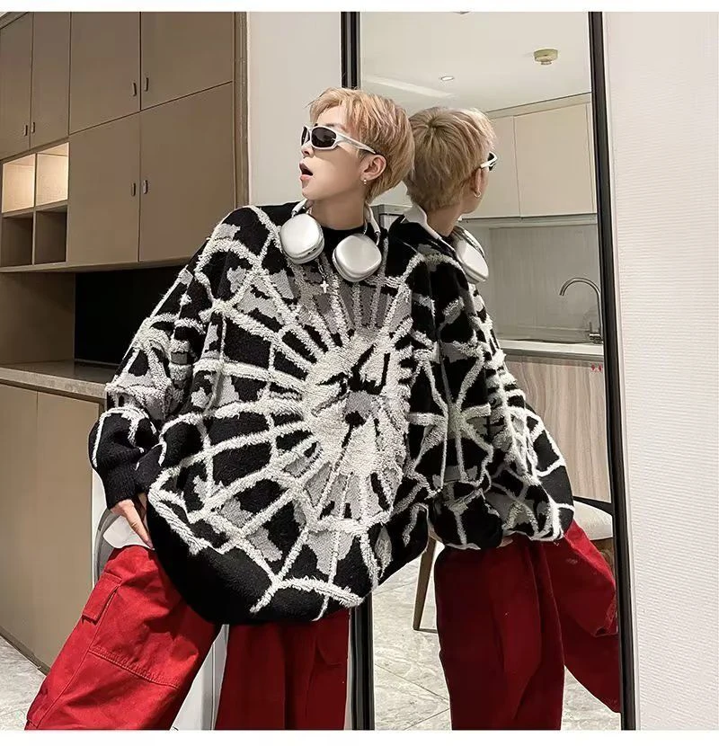 Dark Spider Men O Neck Long Sleeve Sweater Winter Teenager Street Fashion All-match Loose Clothing Halloween Party Black Unisex
