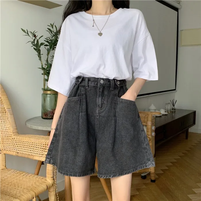 plus Size Women's Five-Point Short Jeans High Waist Loose BF Wide Leg Casual Summer New Style Shorts with Cuffed Hem