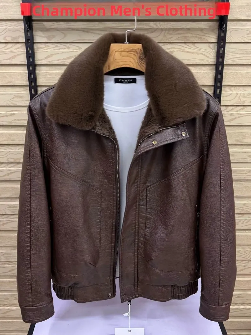 

Высококачественная мужская куртка из искусственной кожи, осенне-зимняя, модная, теплая, на флисовой подкладке с меховым воротником, универсальный деловой стиль