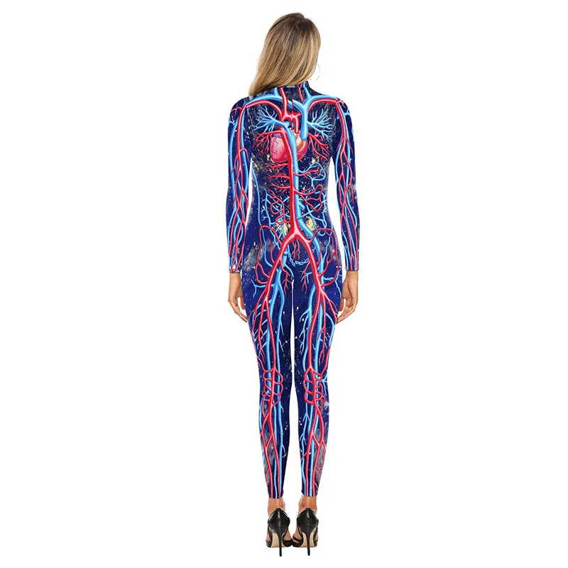 Human Body Organ Printed Jumpsuit Men Women Blood Vessel Print Halloween Cosplay Costume Long Sleeve Party Show Bodysuit Outfit