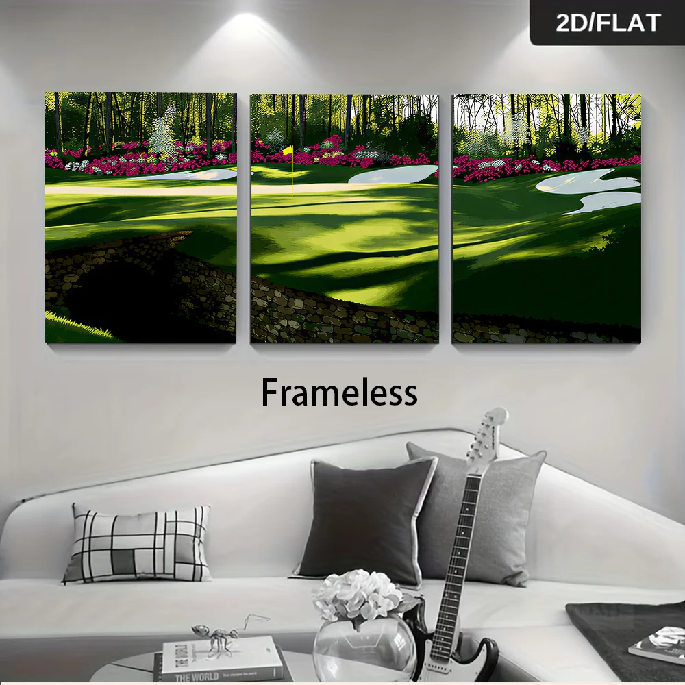 1 Satz dreifache Golfplatz-Szenerie für Wohnzimmer, Schlafzimmer, Arbeitszimmer, rahmenlose dekorative Malerei im modernen minimalistischen Stil, 2D-Plan