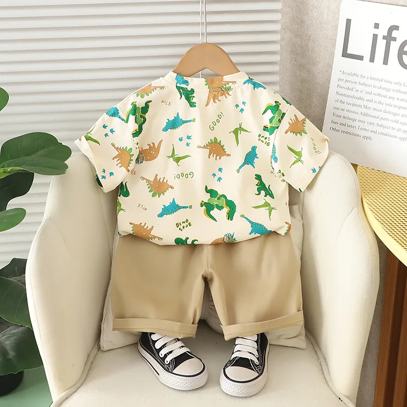 New Summer Set for Boys and Girls Trendy and Trendy Baby Dinosaur Round Neck Short Sleeved Shorts Two-Piece Set