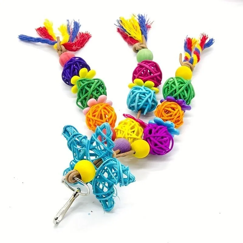 Bird Parrot Swing Toys Star Rattan Ball Shaped Bite Toy Bird Chewing Toy Bird Cage Hanging Decor Accessories Random Color