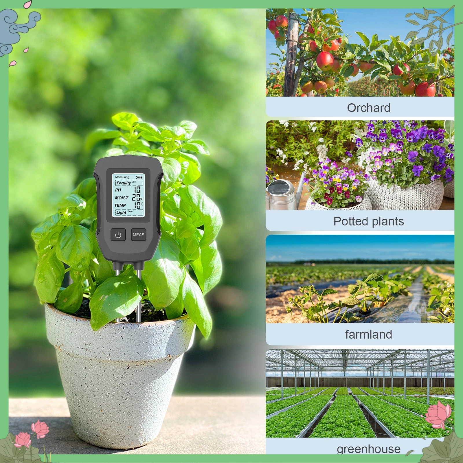 5 in 1 Soil Tester with Screen Display Double Needle High Precision Moisture pH Fertility Light Temperature Meter