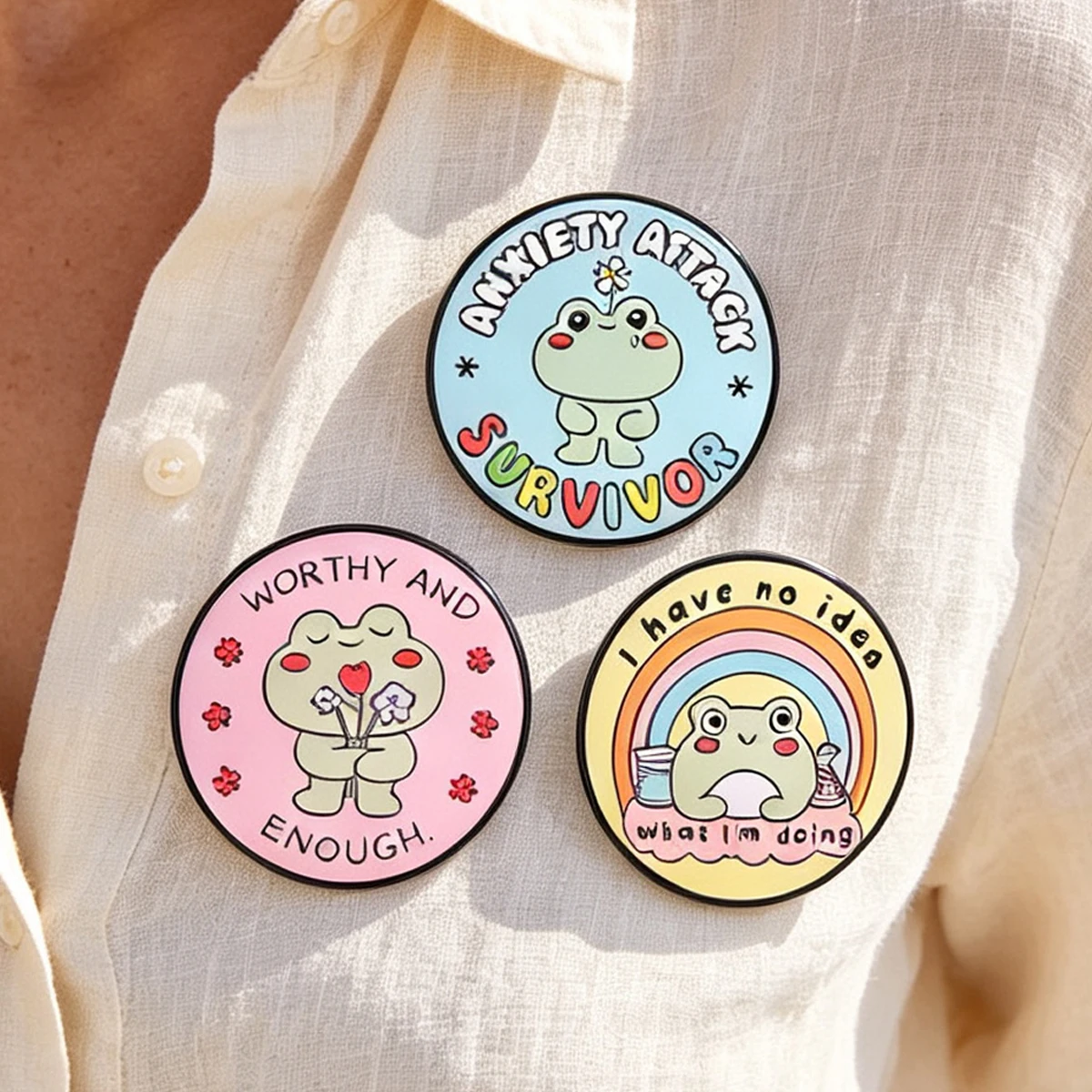 Cartoon Healing Little Frog Enamel Brooch Set Fun English Emoticon Text Badges Decorative Pins for Coats, Backpacks, and Denim Clothing Accessories