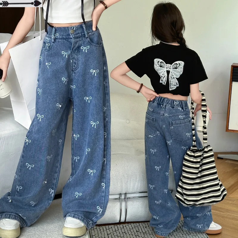 School Girl Jeans Bow Print Teen Children Wide-leg Pants 2026 Spring Elastic Waist Fashion Casual Loose Daily Straight Trousers