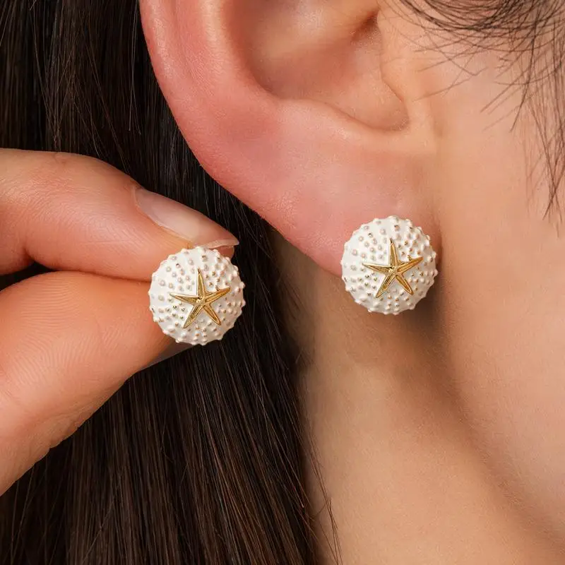 Cute Luxury Multi Color Round Sea Urchin Gold Color Starfish Stud Earrings For Women Bohemian Island Outing Pool Party Jewelry