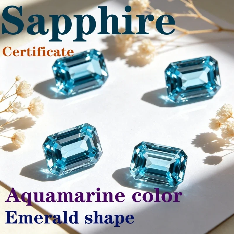 Laborgezüchteter Saphir in Smaragdform mit Aquamarin-Farbe und Zertifikat – Detail 1