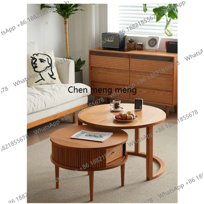 Nordic solid wood round coffee table combination cherry wood retro edge table Japanese round tea table