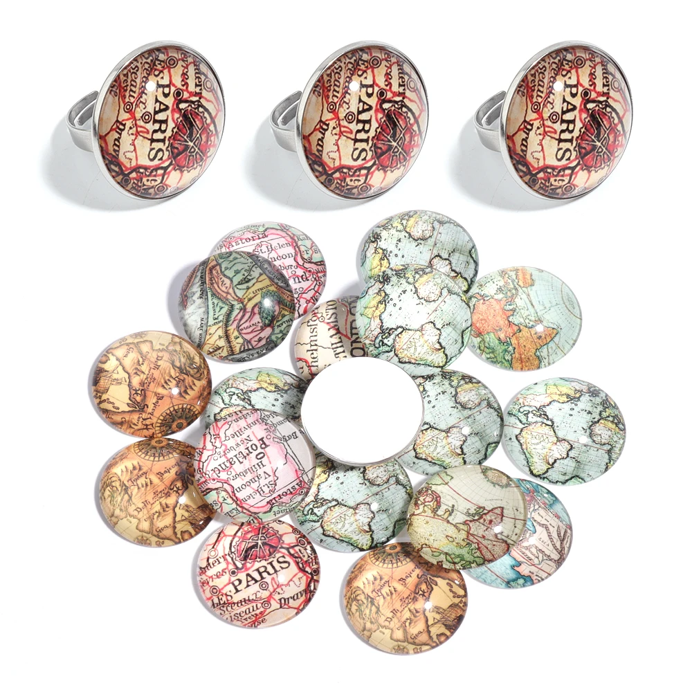 10pcs/lot World Map Design Glass  Cabochon Beads Time Jewel Foundation Patch Glass Beads For Diy Jewelry Necklace Bracelet