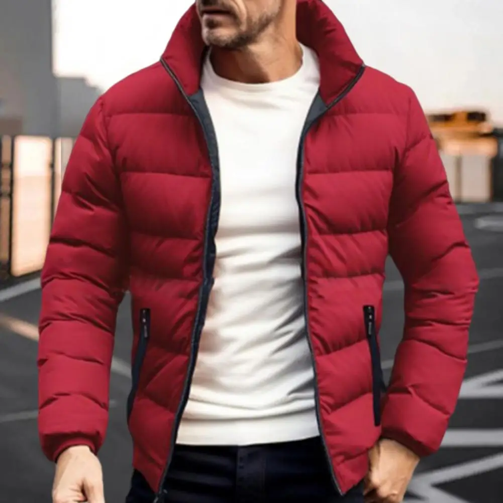 Men's Coat Stand Collar Long Sleeve Full Zipper Cotton-padded Jacket Solid Color Thick Loose Men's Winter Down Coat