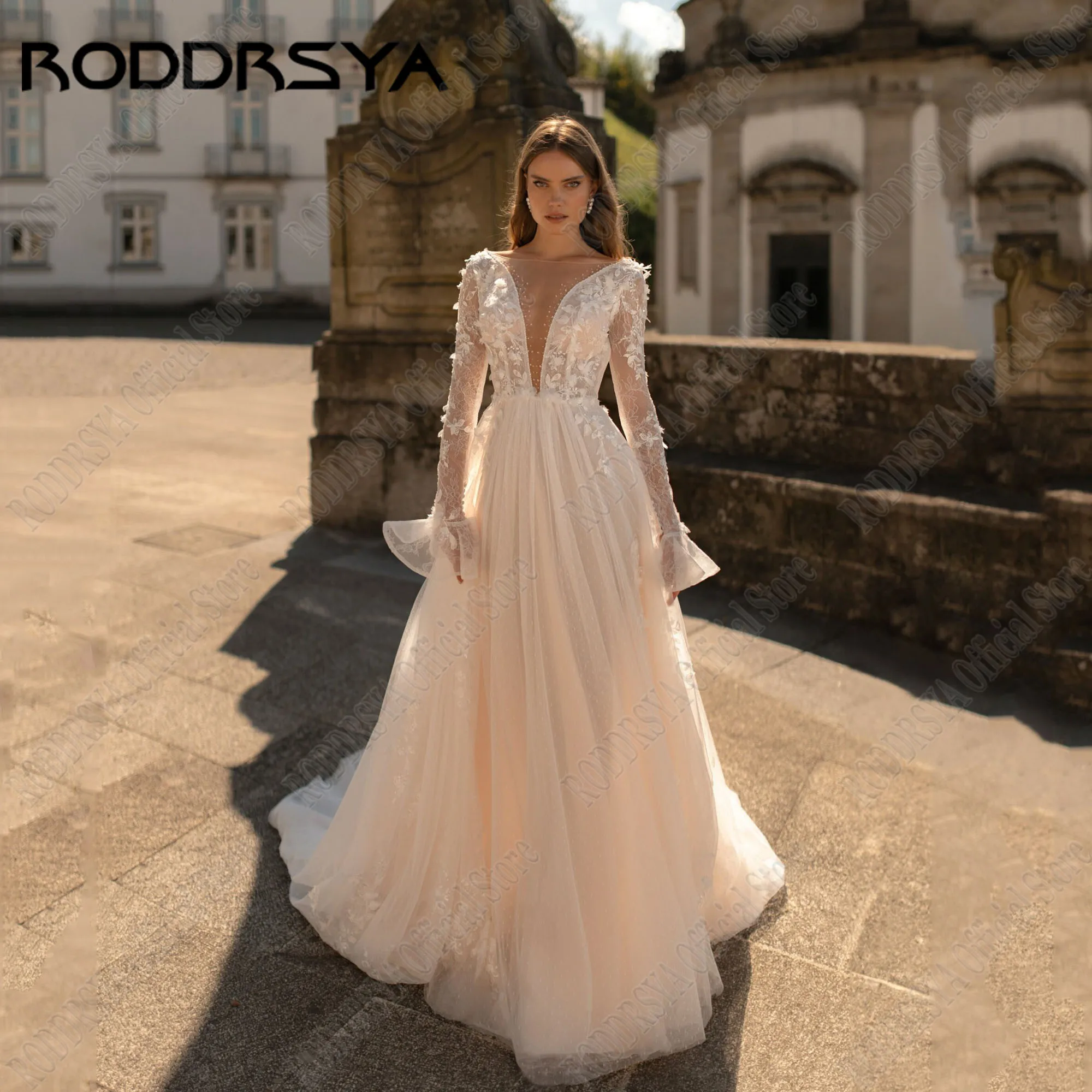 

RODDRSYA Boho Applique Lace Wedding Dress Long Sleeves Tulle Bride Party Gowns A-Line Vestidos De Novia Sweep Train Customized