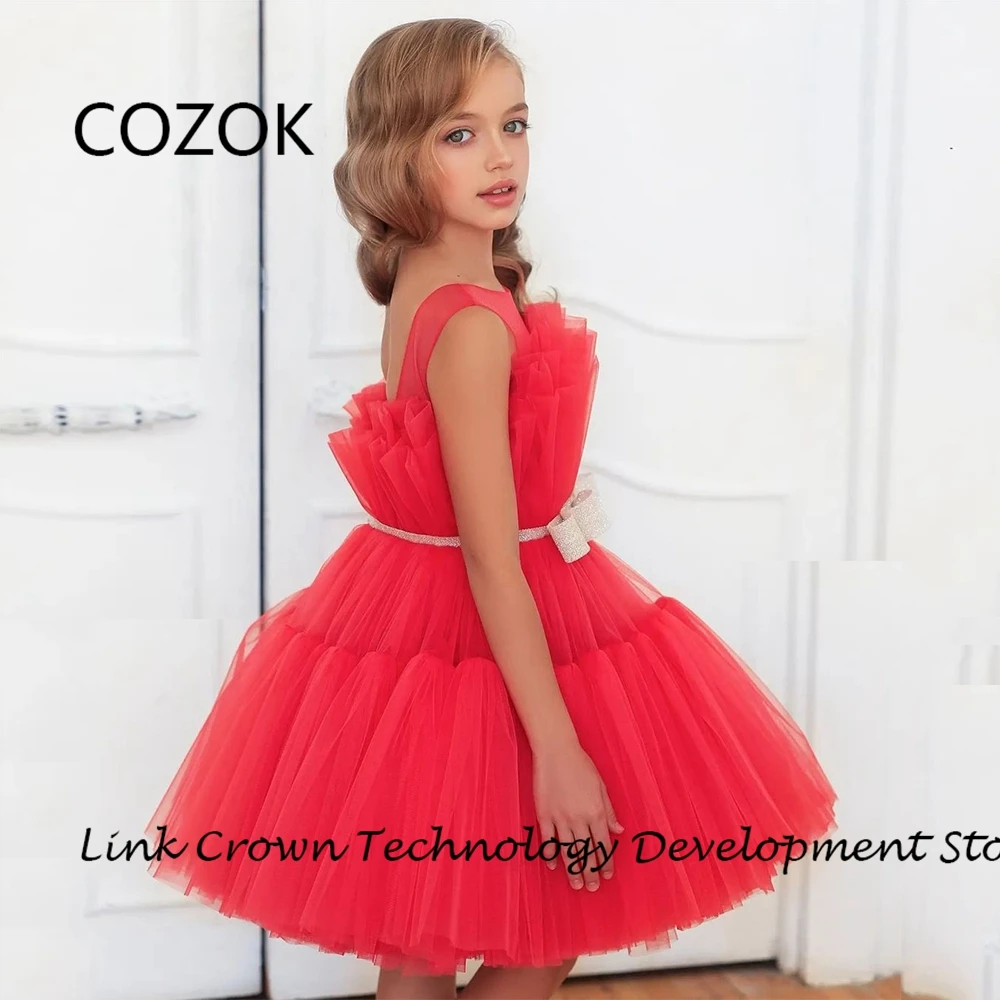 COZOK Scoop Flower Girls Dresses for Princess Soft Tulle Christmas Dresses woth Champagne Bow 2024 Summer New فستان عيد الميلاد