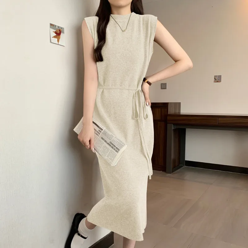 

Элегантные вязаные платья без рукавов с круглым вырезом, шикарные тонкие платья с поясом, вечерняя уличная одежда больших размеров