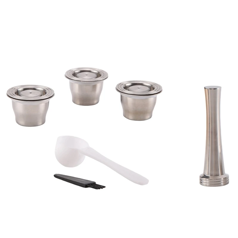 New Capsules Reusable, Stainless Steel, 3 Pieces Refillable Pads For Nespresso + 1 Tamper + 1 Spoon + 1 Brush