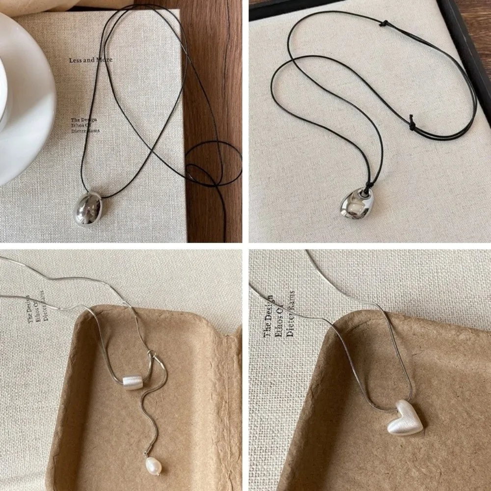 Adjustable Length Water Drop Necklace Alloy Bean Rope Clavicle Chain Silver Irregular Shape Heart Pendant Necklace