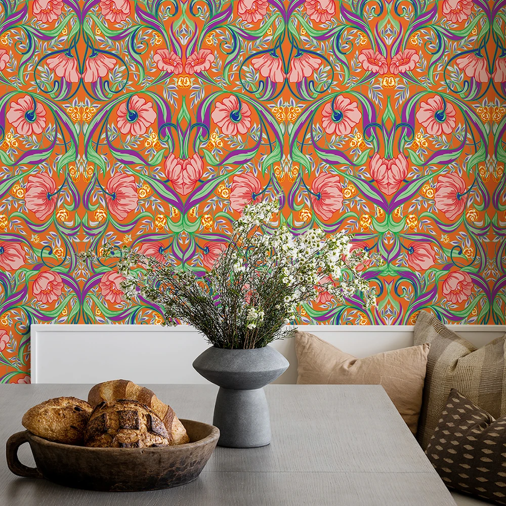 Orange Boho Flower Vinyl Wallpaper Retro Self Adhesive PVC Cabinet Sticker Chic Waterproof Kitchen And Bathroom Wall Decor