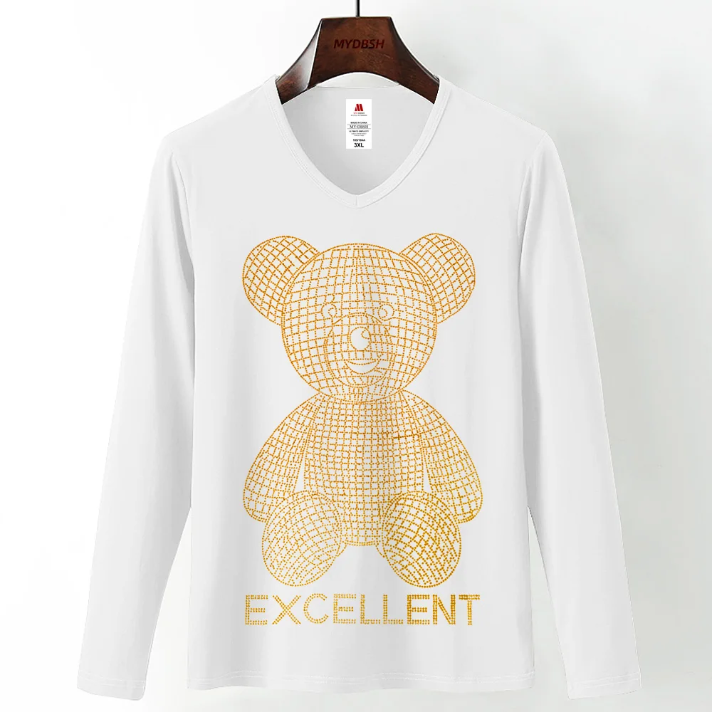 Cool Diamond Man T Shirt Unisex Streetwear Slim Fit Men\'s Shinny Hot Drilling Tee Shirt Diamond Inlaid Teddy Bear Toy Plus Size