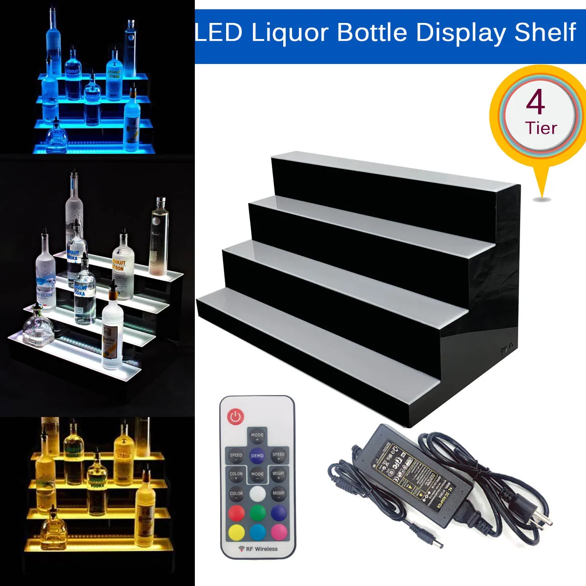 Liquor Bottle Display Shelf, 31-Inch LED Bar Shelves For Liquor, 4-Stage 7 Colors Lighted Shelf Home/Commercial Bar