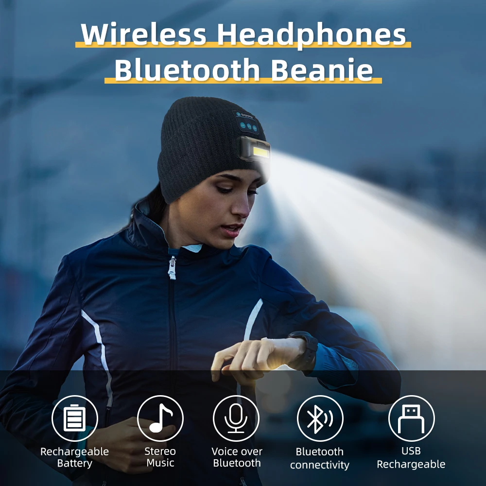 Hat Wireless Headphones with HD Stereo Speaker LED Headlamp, Men Bluetooth Earphones Beanie Hat Cap Night/Work/Outdoor Music Hat