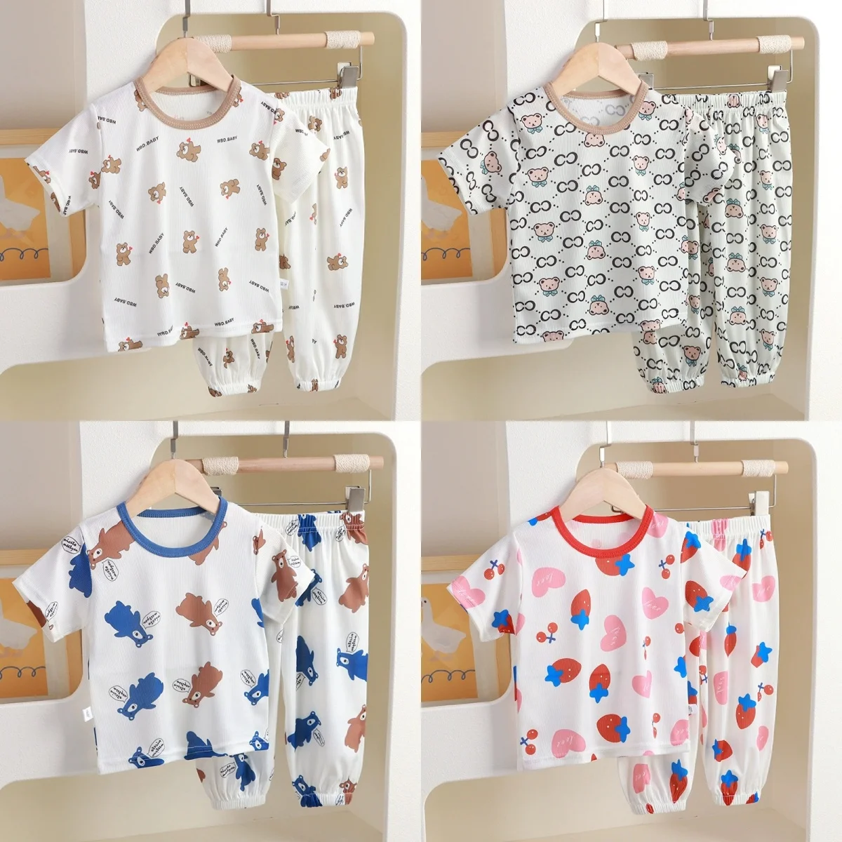 

Kids Cartoon Print Pajama Sets, Toddler Boys Girls Short Sleeve Sleepwear, Children's Cute Bear/Strawberry Homewear Outfits