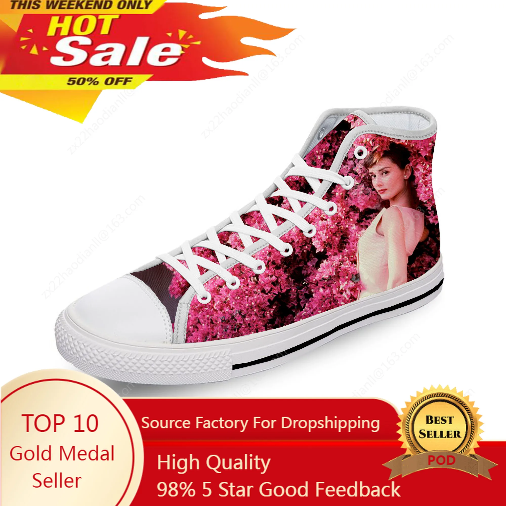 

Movie Star Audrey Hepburn Cute White Cloth 3D Print High Top Canvas Fashion Shoes Men Women Lightweight Breathable Sneakers