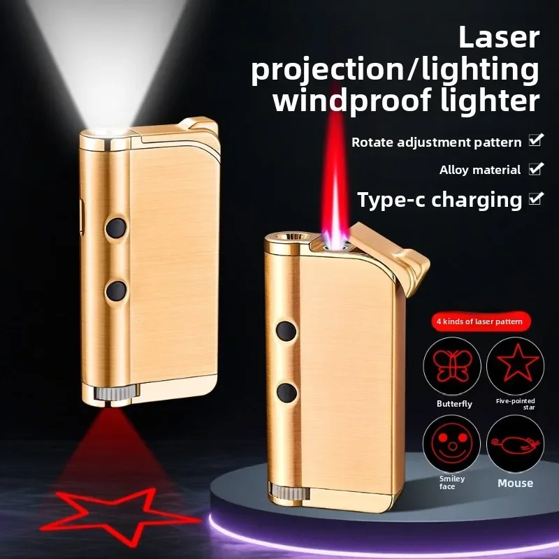 Laser Projection Lighting Lighter Multifunctional Windproof Red Flame Butane Lighter Cigarette Accessory Gift 2026