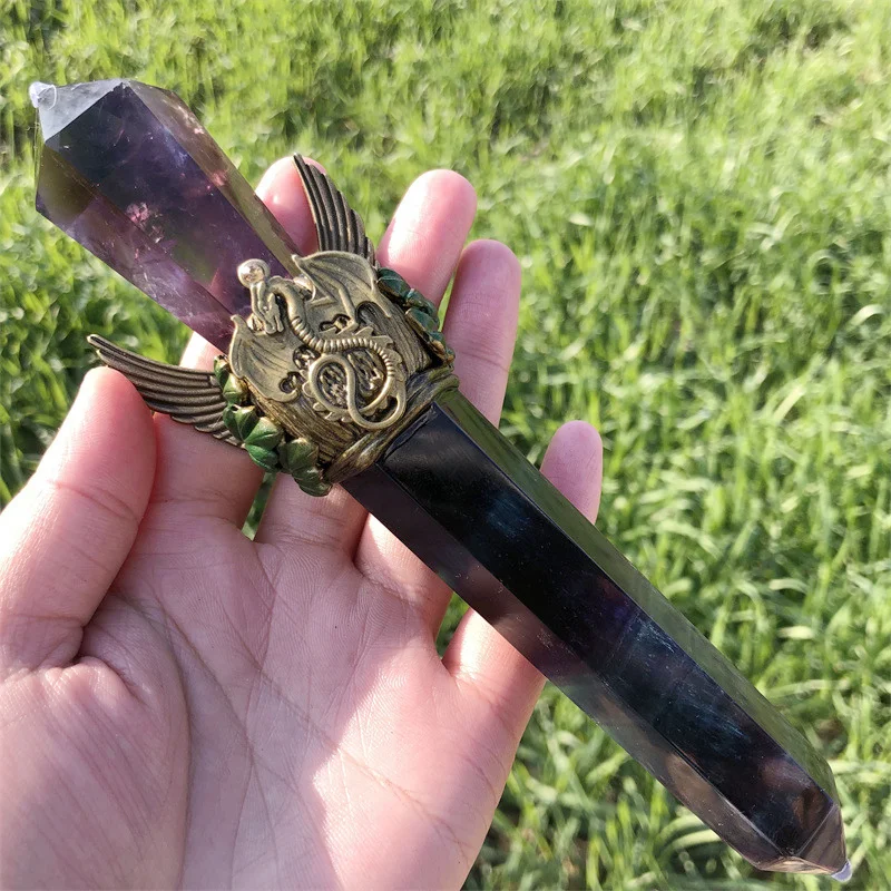 Natural Crystal Fluorite Quartz Healing Gemstone Handmade Magic Stick Point Witch Crafts Staff Cosplay Fairy Energy Props