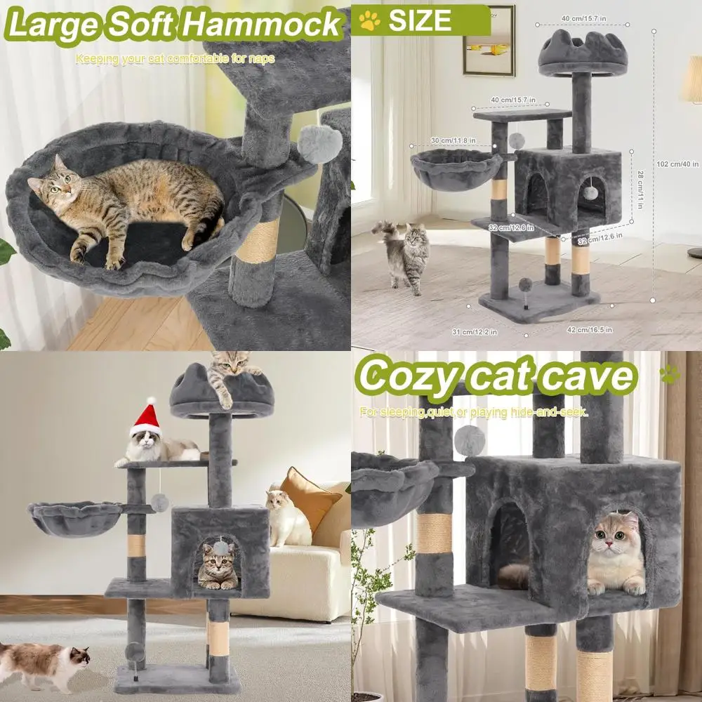 

Grey 40 Indoor Cat Tree with Metal Frame, Hammock, Scratching Post, Cloud Top Perch for Large Cats and Kittens