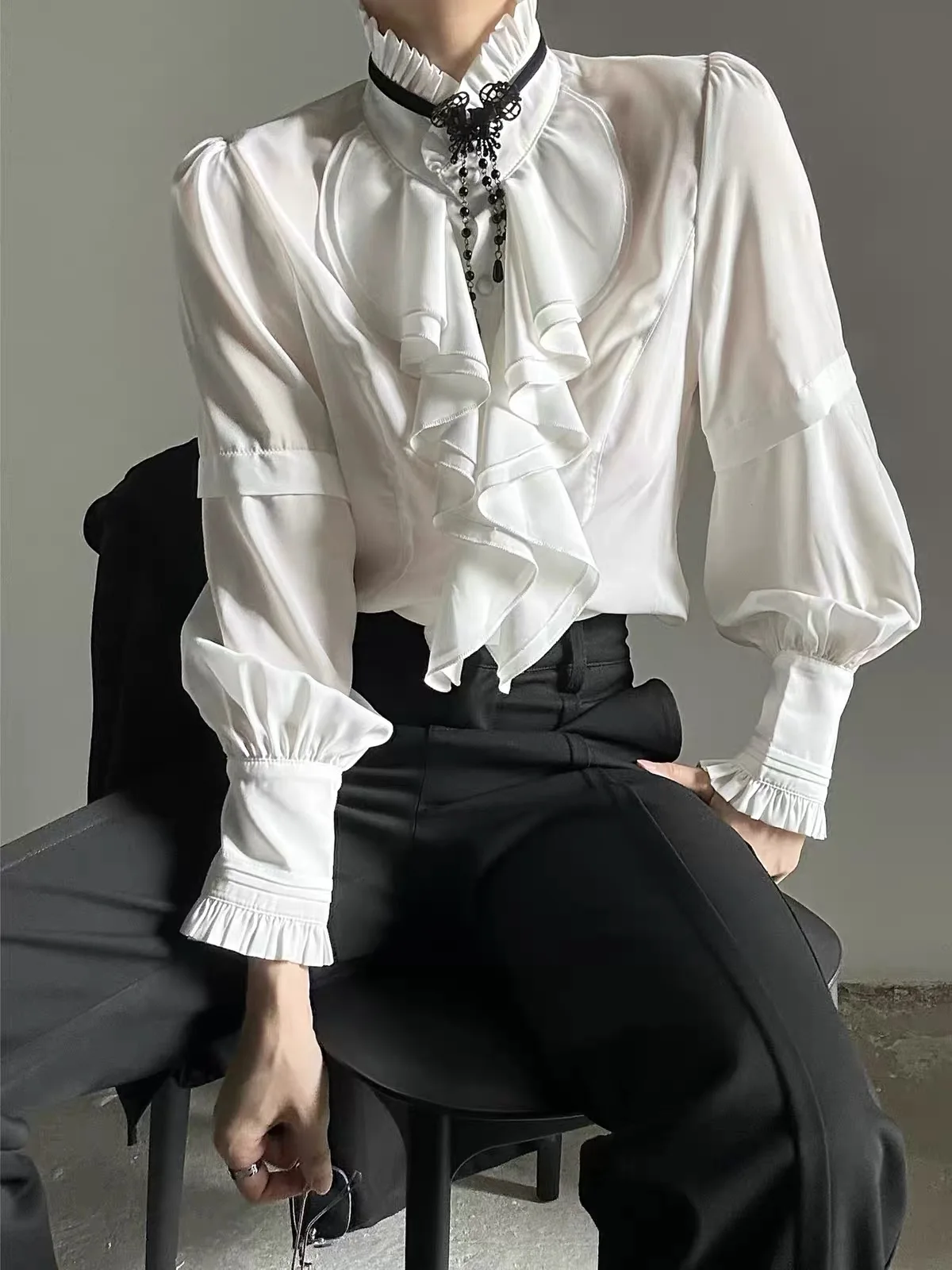 Gentlemen Elegant Male Senior Luxury Palace Court Vintage Shirts Men Flounce Standneck Tops Festival Dinner Dress Formal Blouse