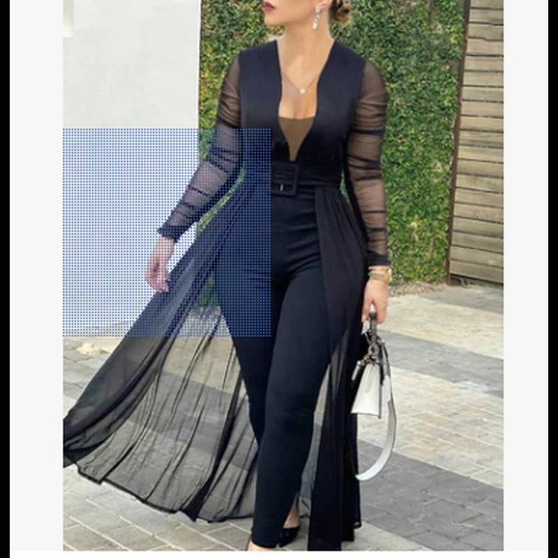 STYLISH LADY Mesh Cape Rompers and Jumpsuits 2022 Autumn Women Long Sleeve V Neck See Through Solid Elegant Club Party Overalls