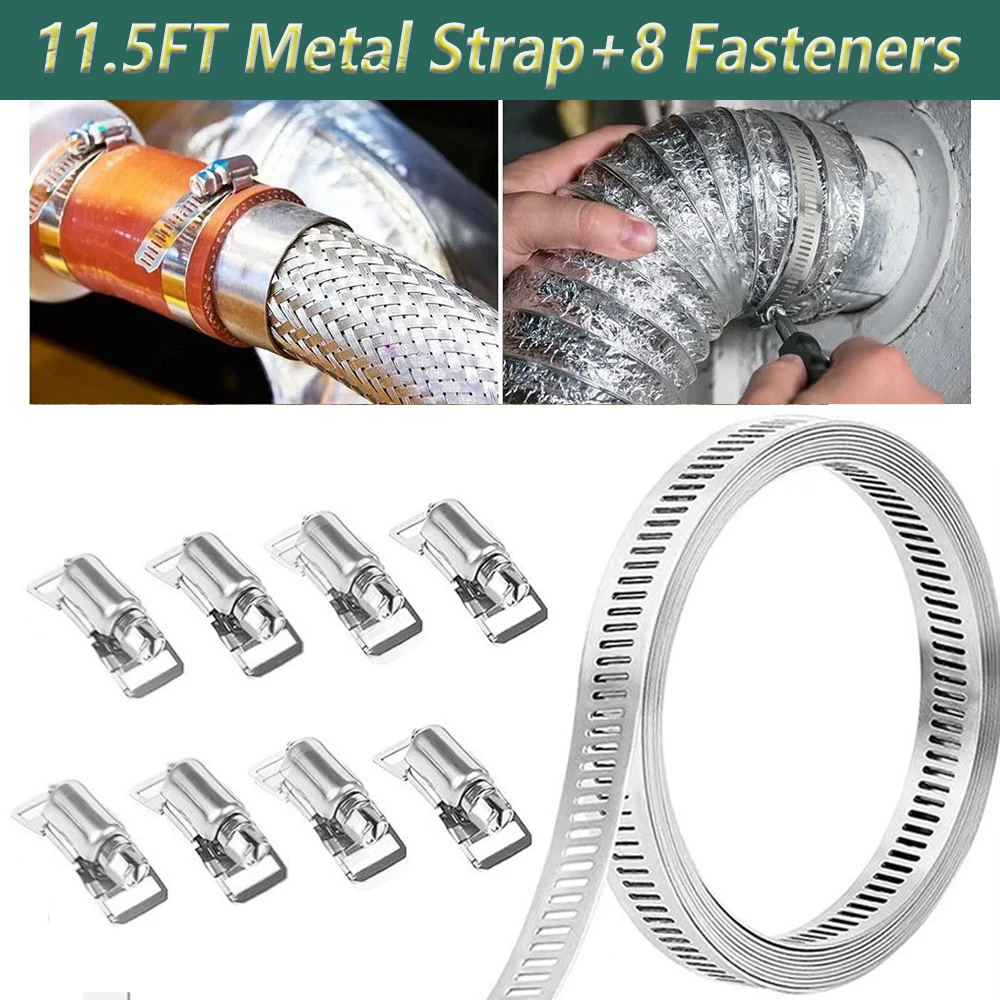 Hose Clamps 11.5FT Metal Strap+8 Fasteners DIY Cut-To-Fit Stainless Steel Band Clamps Adjustable Large Worm Durable Easy Install