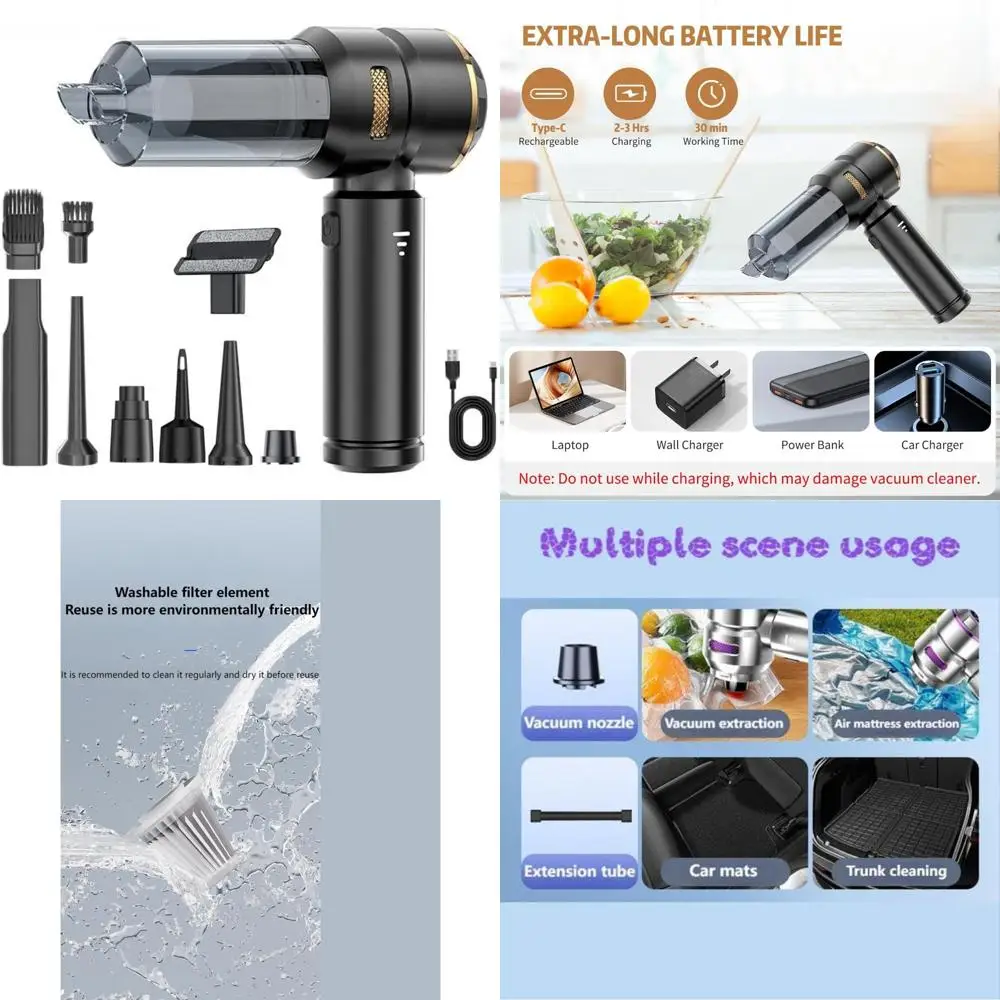مكنسة كهربائية للسيارة متعددة الوظائف مع عنصر فلتر قابل للغسل وإعادة الاستخدام، تعرض الطاقة المتبقية، مثالية للمركبات الكهربائية