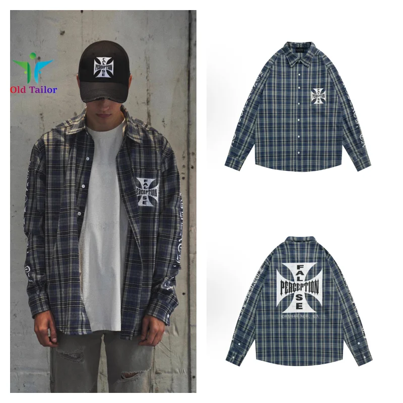 High Quality 25FWFalse Perception Cross Logo Plaid Long Sleeve Shirt Street Loose Brand Mens Womens Shirt