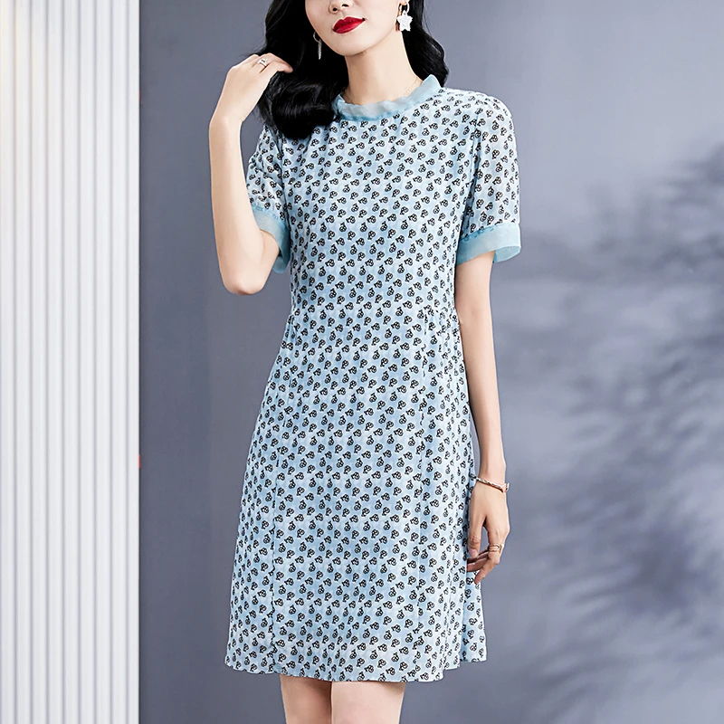 

2024 Summer Women's Print Dresses Elegant Chic Stand Collar Short Sleeve Organza Patchwork 100% Real Silk Women A-line Dress