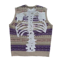 Kapital Vintage Non Hirata Hiroshi Japan Bone Skeleton Printed Ethnic Flower Stripe Knitted Sweater Vest Loose Wool Blended