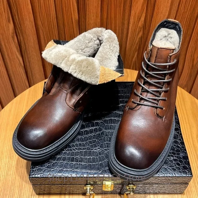 Classic Lace‑Up Genuine Leather Winter Ankle Boots Men's Wool Warm Thick Sole Non‑Slip Casual Walking Chelsea Snow Boots Male