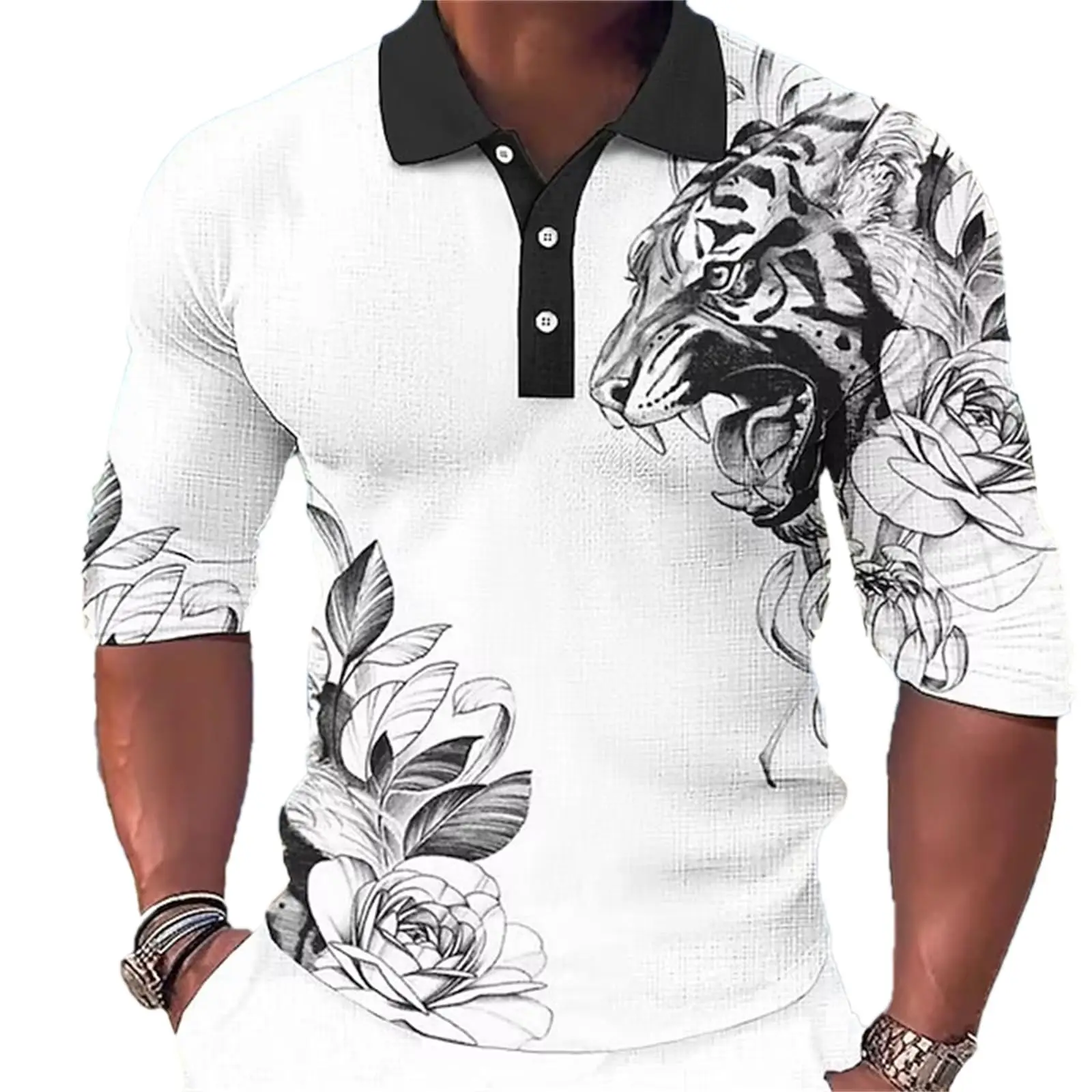 

Мужская винтажная рубашка-поло с длинными рукавами и цветочным принтом тигра, спортивная одежда для отдыха на открытом воздухе, офисная повседневная одежда на пуговицах, весна-осень-зима