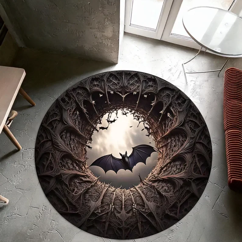 3D Gothic Bat Round Rug Dark Raven Spider Web Rug Mysterious Dark-colored Carpet Halloween Holiday Decorations Gifts Idea