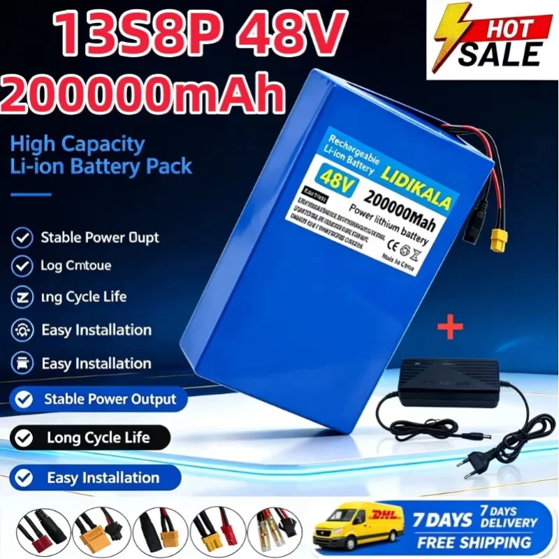 18650 Lithium-Akkupack 13S8P 48V 200000mAh Große Kapazität Geeignet für 48V 250-2000W Eingebautes BMS+54,6V2A Ladegerät