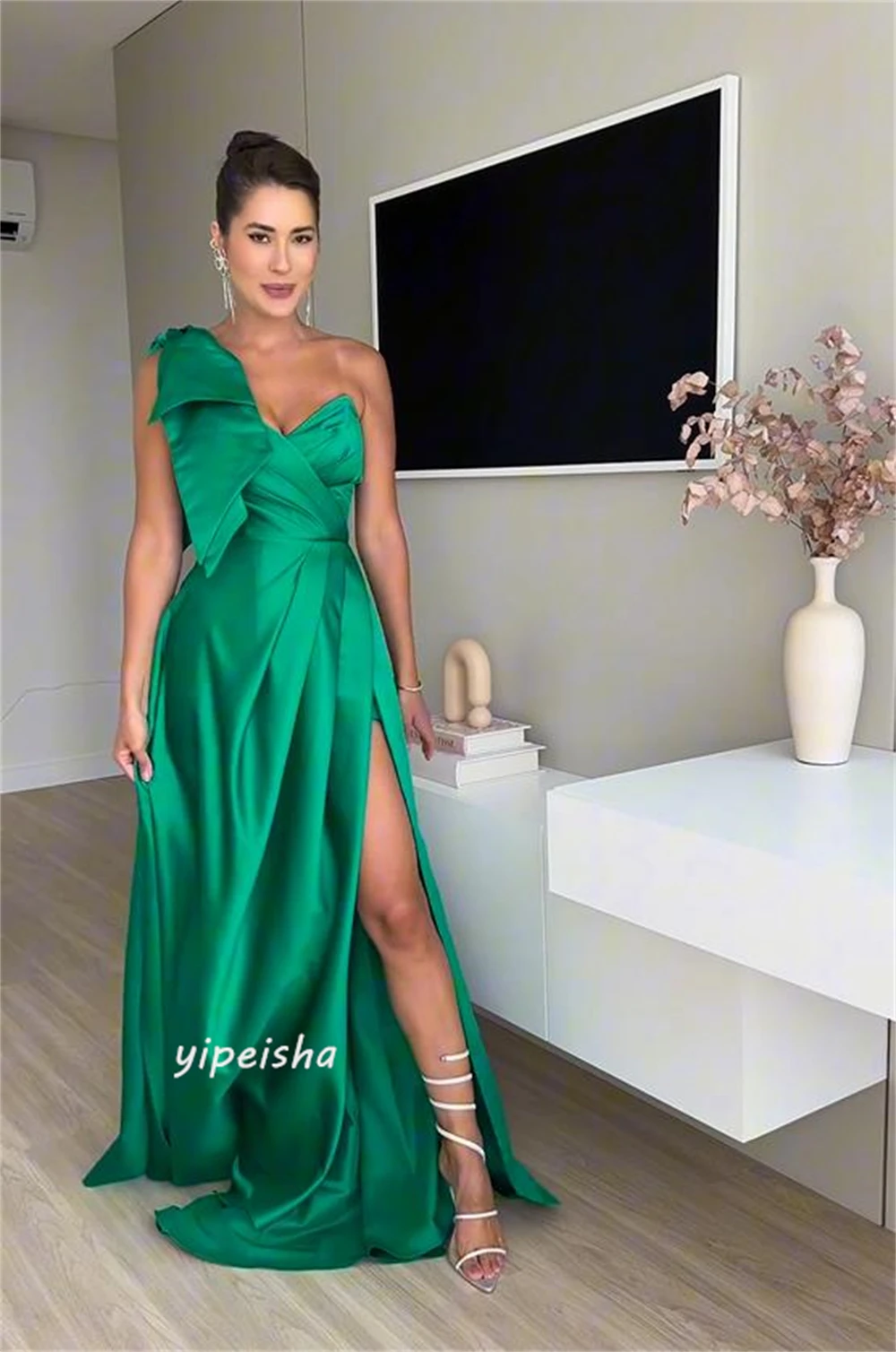 Jiayigong High Quality  Classic Modern Style Formal Evening One-Shoulder A-line Bow Ruched Satin Bespoke Occasion Dresses