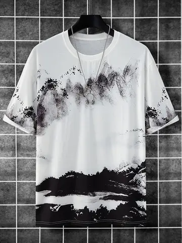 Men's Chinese Ink Wash Mountain River Landscape Print T-Shirt Oriental Vintage Art Crew Neck Tee