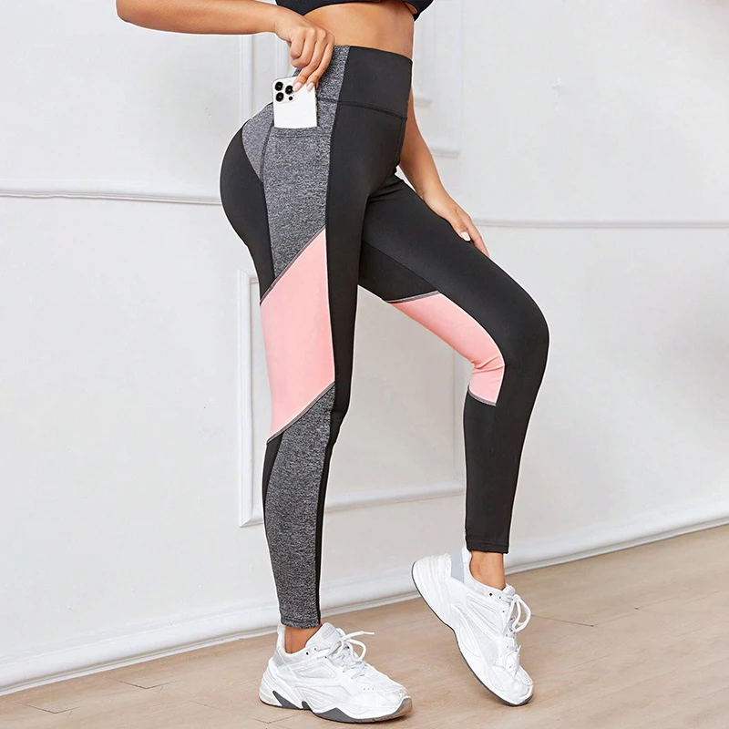 Colorblocked High Waist Yoga Pants with Pockets Leggings for Women Tummy Control Workout Leggings for Women