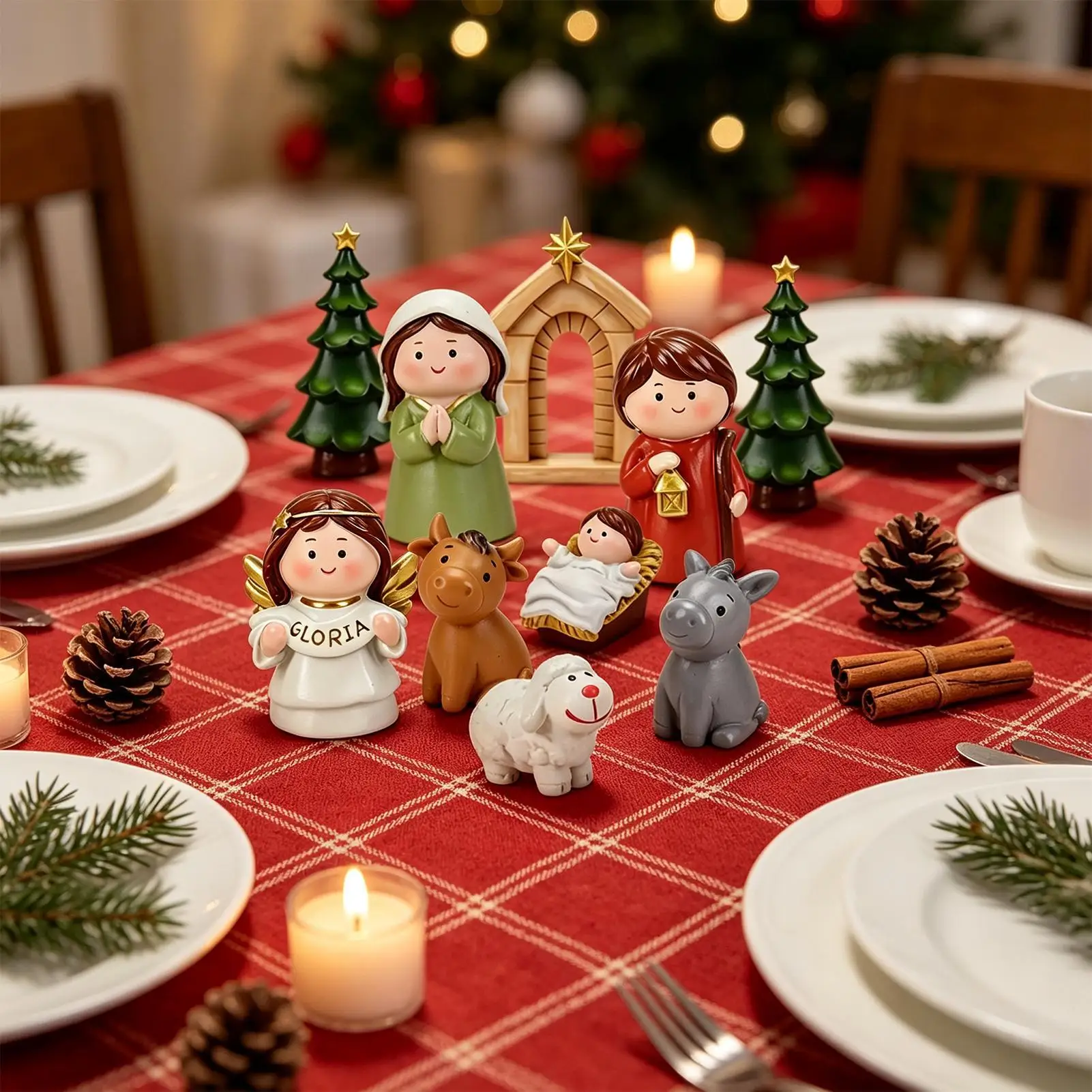 Cartoon Christmas Nativity Scene Figurines Resin Statues Set for Holiday Xmas Easter Gift Decor