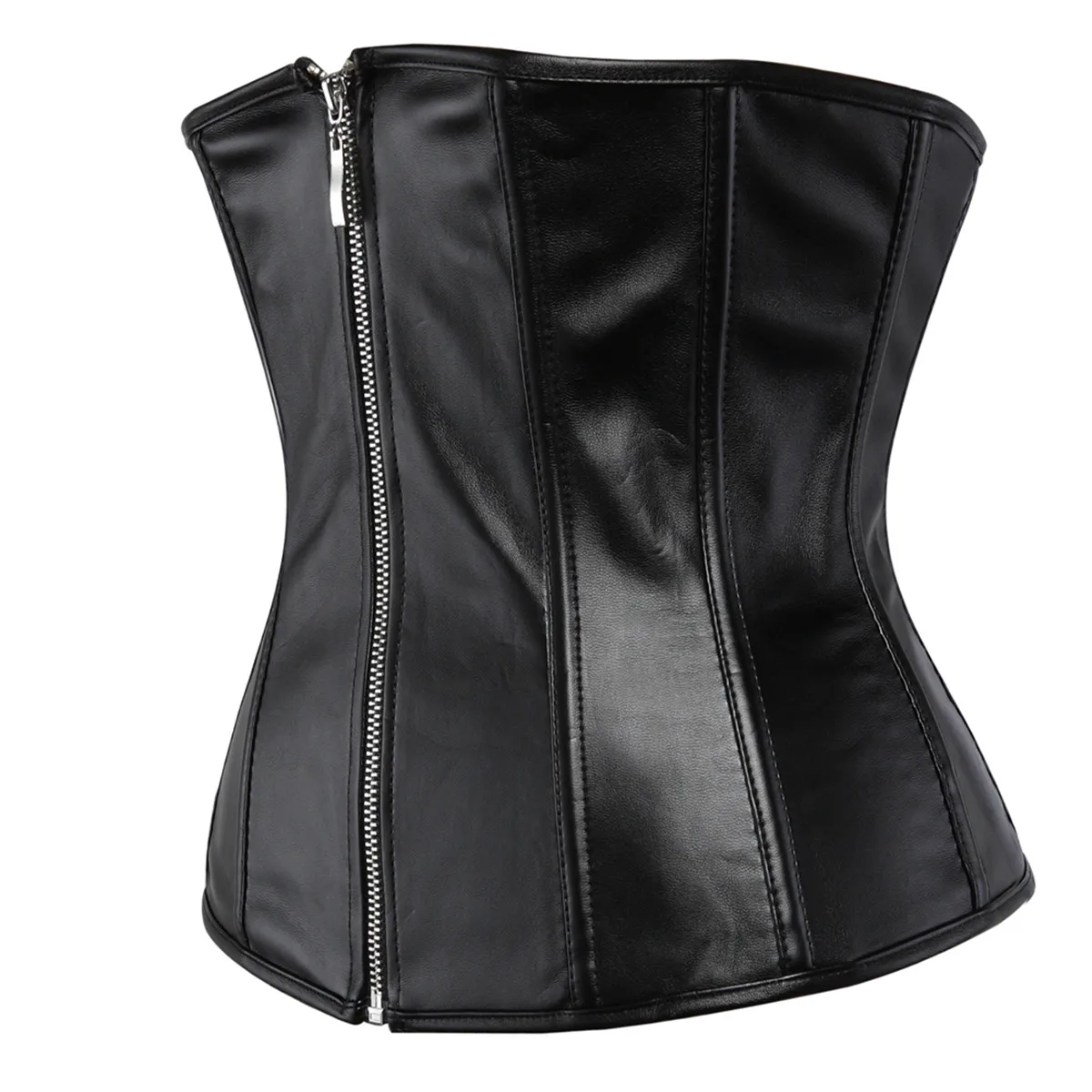 Women's Leather Corset Steampunk Sexy Underbust Zipper Lace Up Corsets Gothic Clothes Waist Corsets Black Bustier Plus Size